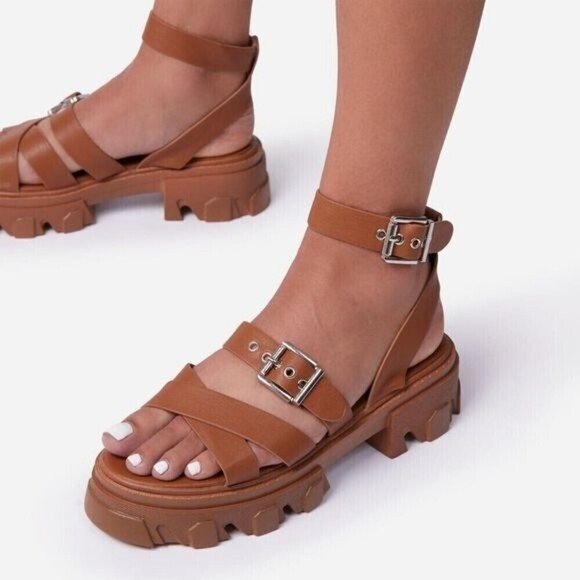 EGO Buckle Ankle Strap Chunky Faux Leather Brown Sandals - Picture 1 of 8